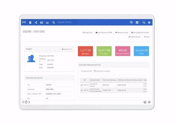 Ficha de cliente en InterFuerza con balance, facturado, notas de crédito, pagos y contratos