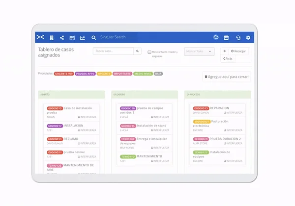 Tablero de casos de atención al cliente en el CRM de InterFuerza