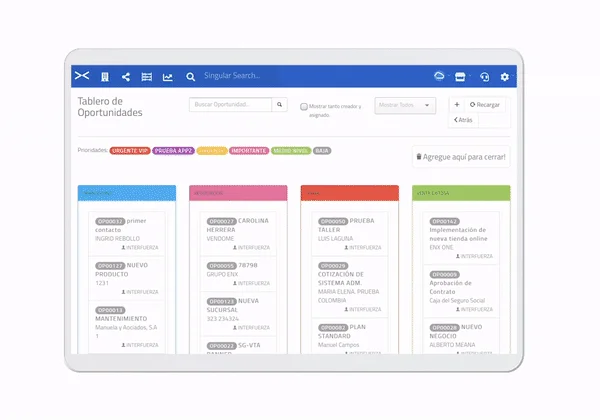 Tablero de oportunidades de venta por fase en el CRM de InterFuerza
