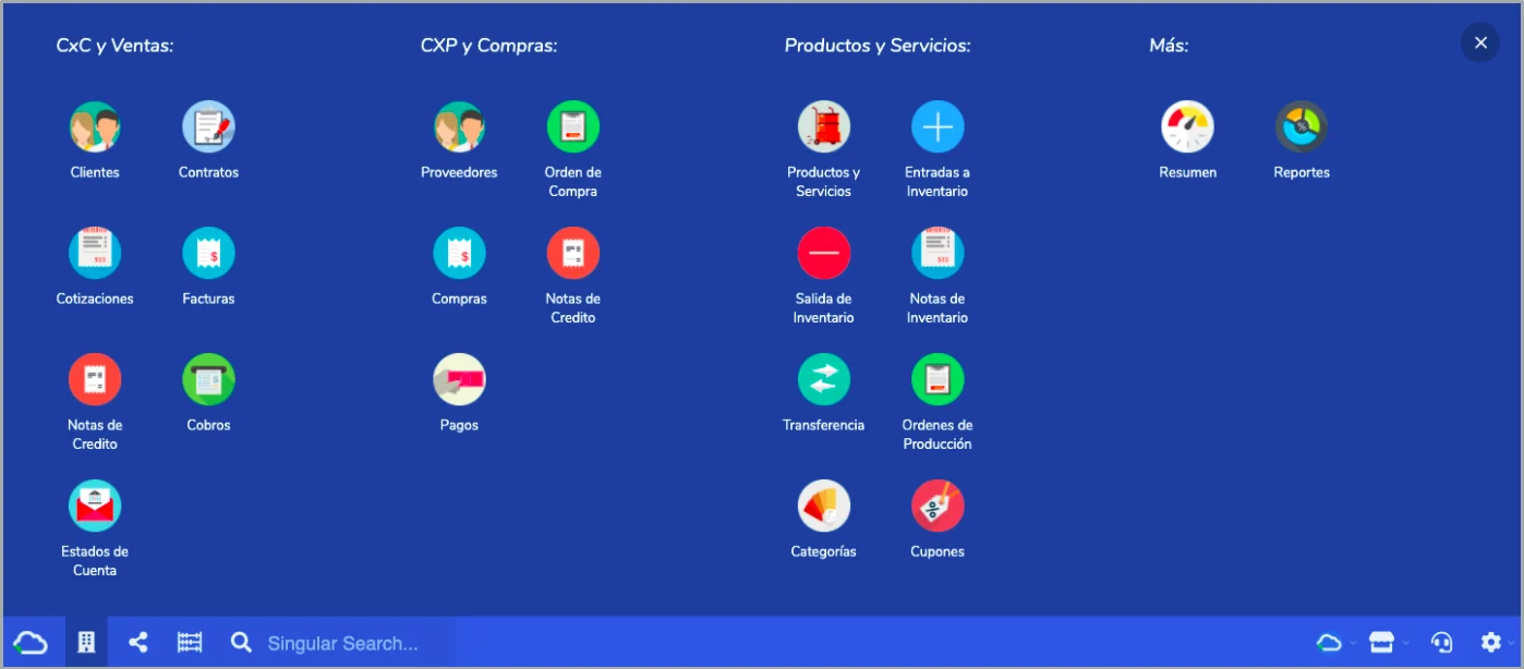 Menú del módulo Mi Empresa de InterFuerza: cuentas por cobrar y ventas, cuentas por pagar y compras, productos y servicios