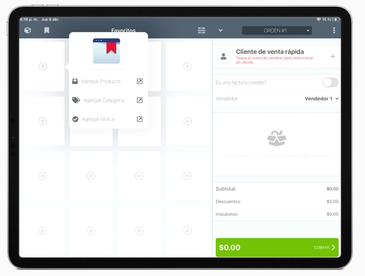 Categorías de favoritos en el iPad POS de InterFuerza