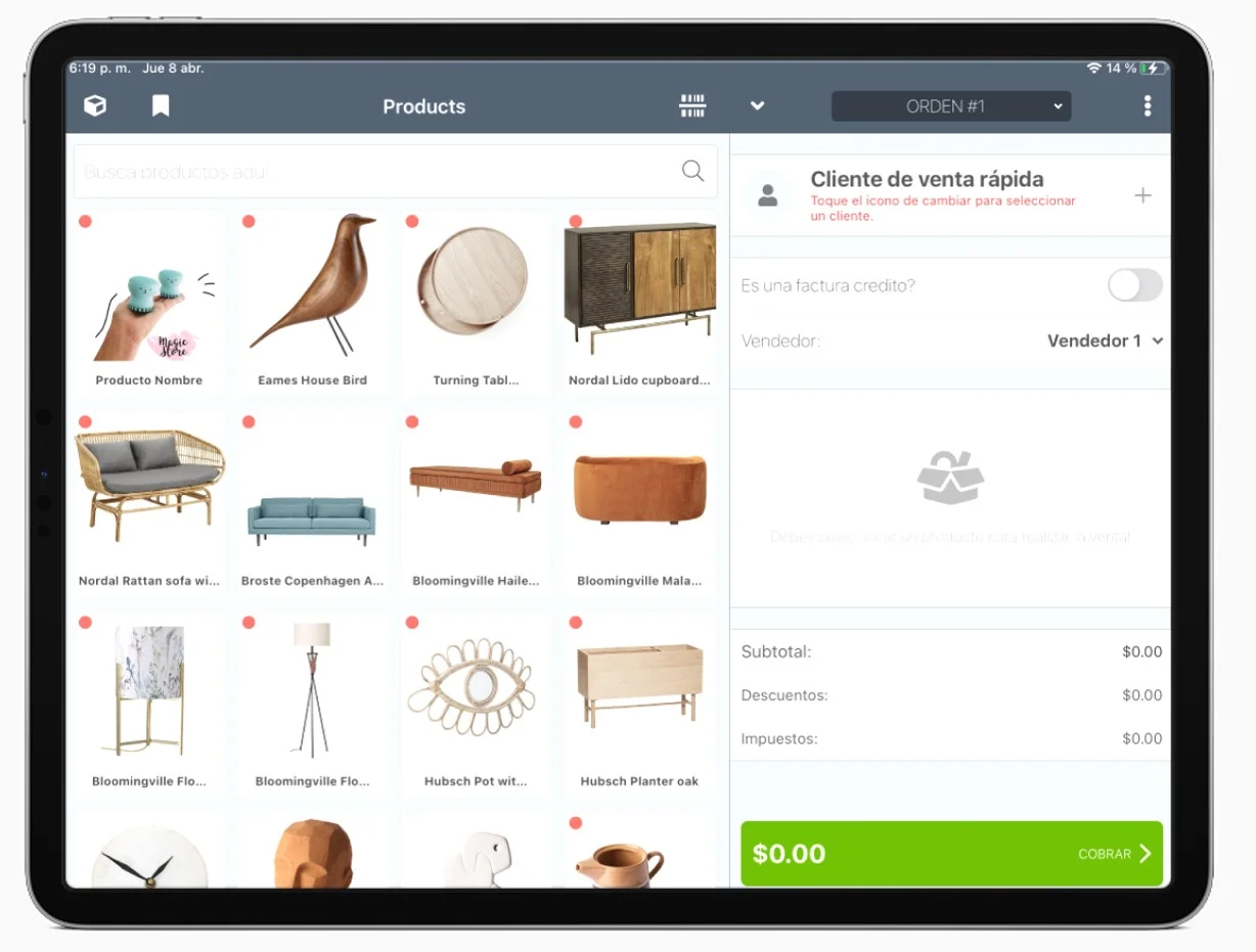 Menú principal del iPad POS de InterFuerza con productos, cliente de venta rápida y vendedor