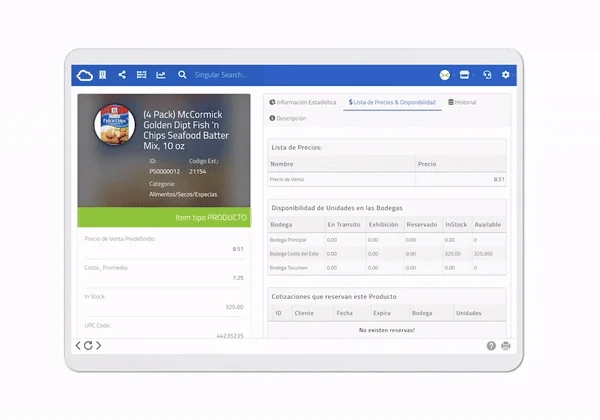 Ficha de producto en InterFuerza con listas de precios y disponibilidad por bodega