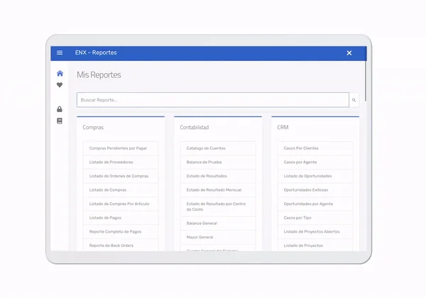 Centro de reportes de InterFuerza con reportes de compras, contabilidad y CRM